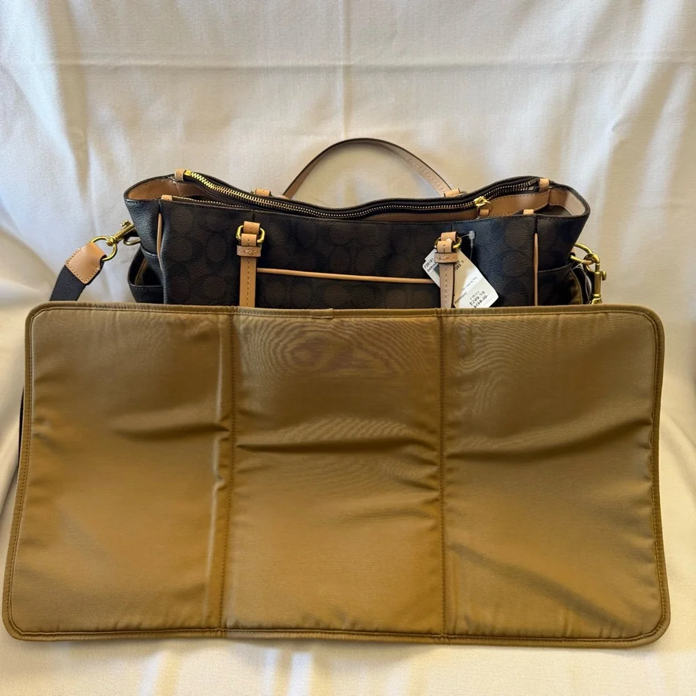 Coach Brown Signature Baby Bag with Tan Trim and Red Tag